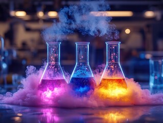 Colorful Chemical Reaction in Flasks with Smoke and Glowing Liquid