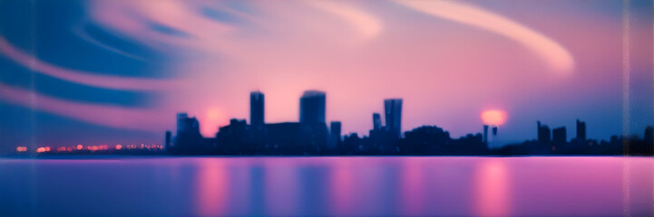 Obraz premium City skyline at dusk with vibrant reflections and abstract sky