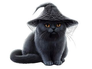 Black Scottish Fold cat sitting in Halloween witch web costume isolated on transparent background PNG