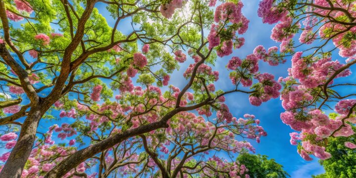 A lush green canopy of a narra tree stretches upwards, delicate clusters of pink flowers blooming against a