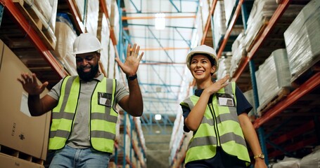 Woman, man and logistics in warehouse with dancing for quality control, stock management or delivery. Happy people, factory and worker with smile, fun and freight for supply chain or shipping company - Powered by Adobe