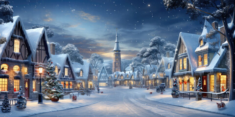 Charming christmas village is illuminated by street lights and the warm glow of windows at twilight. Snow blankets the ground and rooftops. Christmas banner, card
