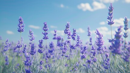 A field of lavender flowers under a clear blue sky.