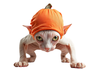 Sphynx cat sitting in Halloween pumpkin costume isolated on transparent background PNG