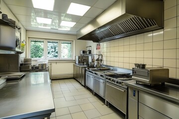 Empty restaurant kitchen with professional equipment. Clean commercial, professional kitchen