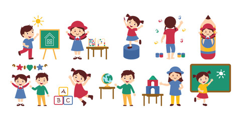 Pre school illustration set, child is learning to draw, write at school, vector illustration, transparent background