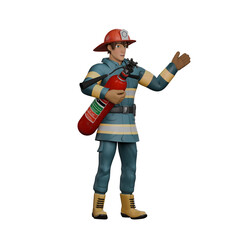Male Firefighter in 3D Professional Firefighting. A firefighter stands holding a fire extinguisher with his right hand while his left hand is raised while waving. Cartoon