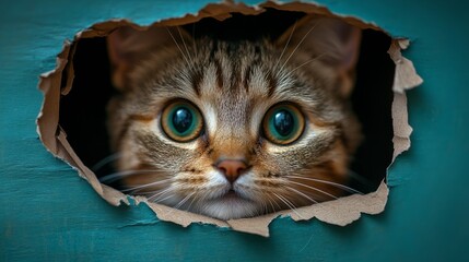 Naklejka premium Curious Cat Peeking Through Torn Paper