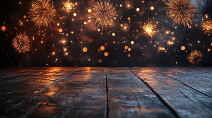 New Year's Eve Fireworks Over Rustic Wooden Background