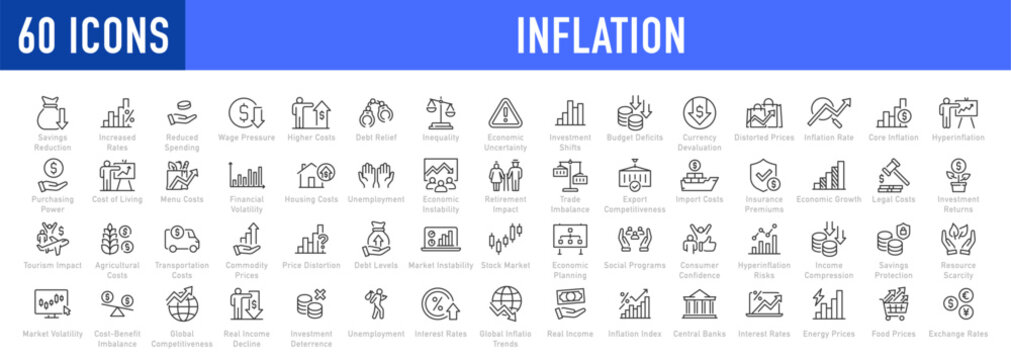 Inflation web icons in line style. Crisis, economic, unemployment, hyperinflation, inflation rate, scarcity, price increase, money, investment, depreciation, energy, transportation, collection. Vector
