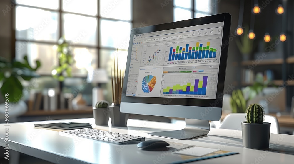 Poster A sleek computer on a desk displaying colorful charts and graphs, set in a clean, modern office space. Generative AI.