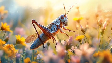 Dapper grasshopper leaping through wildflowers in a suit.
