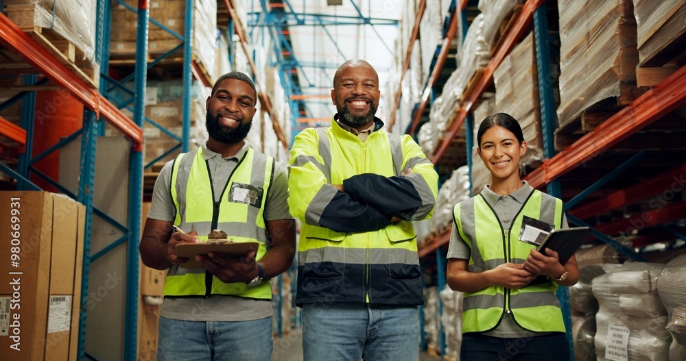 Sticker People, employees and happy in warehouse on portrait for manufacturing with teamwork. Business, coworking and smile with clipboard or tablet at wholesale for package, supply chain and delivery