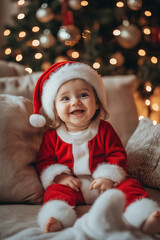 Portrait d’un bébé joyeux sous le sapin de Noël