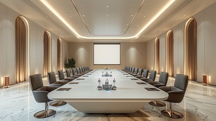 Large meeting room, with big screen on wall, luxurious spacious room. Generative AI.