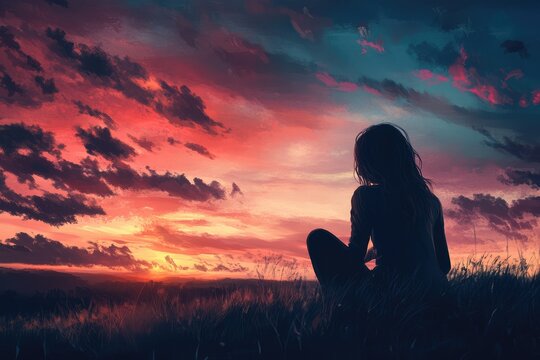 a girl sitting under glomy sky praying hard to achieve her goals