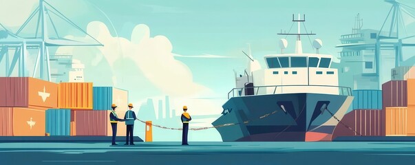 Fototapeta premium Cargo Ship Docked at Port with Workers and Containers