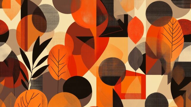 Modern seamless pattern background of autumn foliage and geometric shapes in warm earthy tones
