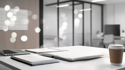 Modern office desk with open notebook, tablet, and coffee cup in professional workspace
