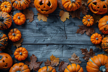 Spooky Halloween frame with colorful leaves, Jack o Lantern pumpkins, spider, bat, Thanksgiving, harvest day background with autumn accessories. Mockup with copy space for halloween style product AI