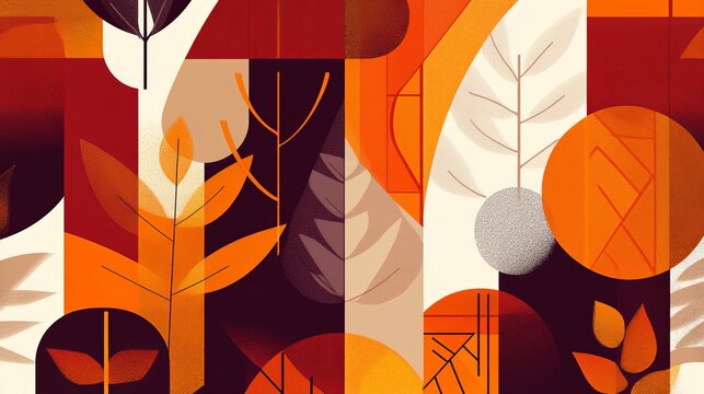 Modern seamless pattern background of autumn foliage and geometric shapes in warm earthy tones