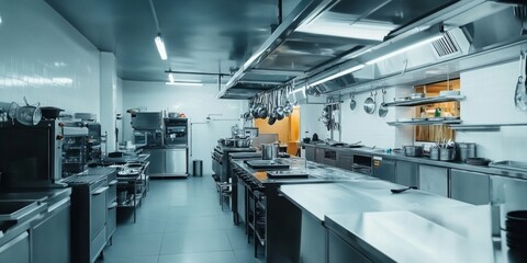 Naklejka premium Restaurant kitchen interior. Commercial hotel industry furniture for food preparation and serving