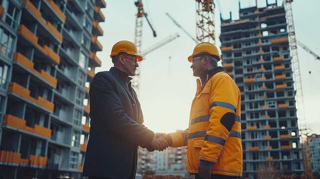 Two people in suits and helmets shake hands against the background of the construction of a multi-story residential complex. Generative AI.