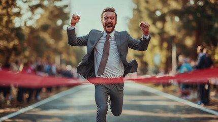 A businessman in a suit celebrating joyfully as he crosses the finish line in a running race