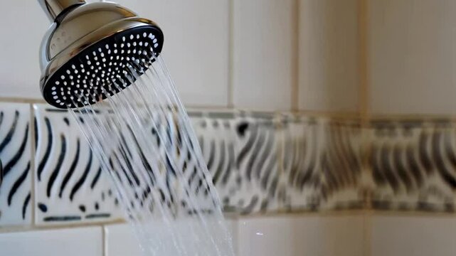 Close-up of turning on and off shower head in bathroom, white tiles with black pattern on wall, focus on water spray coming out and flowing slowly, water droplets falling