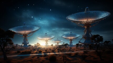 Satellite dish array illuminating the desert landscape under a starry sky at night