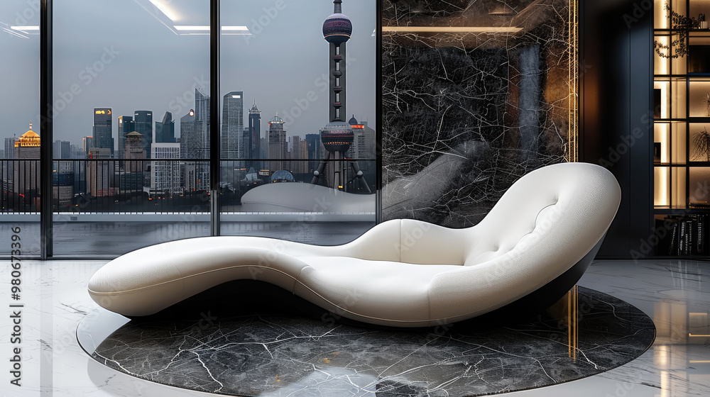 Wall mural A white and black lounge sofa with an organic shape is placed in the center of the room on top of large round marble tiles. Generative AI.