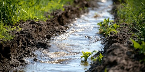 Fototapeta premium A small stream flows through muddy banks with grass.