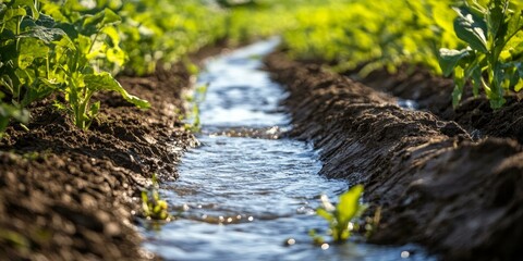 Fototapeta premium Water flows through a furrow in a field of crops.