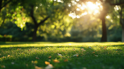 Fototapeta premium Green lawn with copyspace and flare. Generative AI 