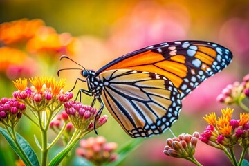 A colorful monarch butterfly feeding on a flower in a summer garden displays the colorful and delicate patterns of the wild.