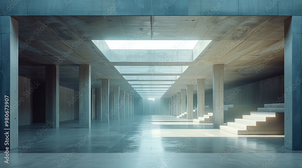 Aufkleber A modern underground space that was once used for storing sand, with a concrete ceiling supported by square columns. The floor is made of durable concrete. Generative AI.