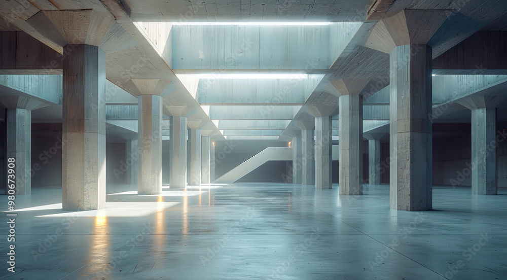 Aufkleber A modern underground space that was once used for storing sand, with a concrete ceiling supported by square columns. The floor is made of durable concrete. Generative AI.