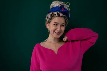 Woman Wearing Pink Sweater and Blue Bow