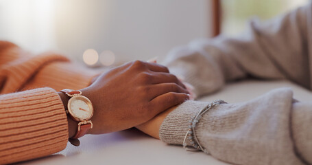 Home, holding hands and women with comfort, help and compassion in living room. Closeup, people and...