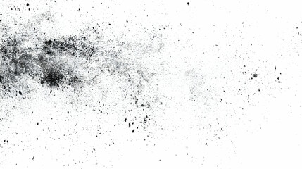 Obraz premium Abstract Black Dust Particles Scattered on White Background, Creating a Textured and Distressed Effect