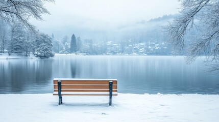 Minimalist Wooden Bench by a Snowy Lake