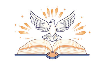 Illustration of Noah's dove flying above an open Bible, symbolizing peace, freedom, and hope in a minimalist design.
