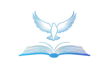 Illustration of Noah's dove flying above an open Bible, symbolizing peace, freedom, and hope in a minimalist design.

