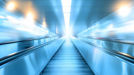 Abstract Blue and White Perspective of an Escalator with Blurred Motion, Leading Towards a Bright Light Source