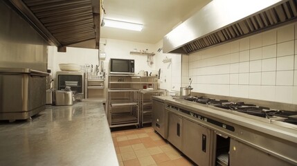 Obraz premium Restaurant kitchen interior. Commercial hotel industry furniture for food preparation and serving