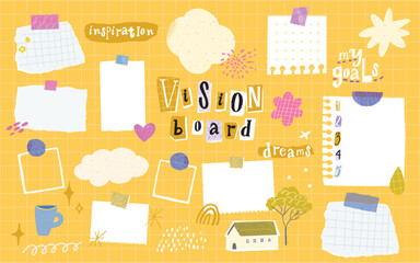 Vision board collage, torn paper memo, taped notes on the yellow wall. Scrapbook journal affirmation and inspiratiom page