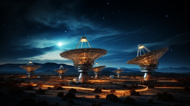 Satellite dish array illuminated by starlight in a remote landscape at night