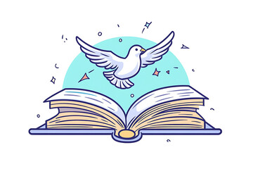 Illustration of Noah's dove flying above an open Bible, symbolizing peace, freedom, and hope in a minimalist design.
