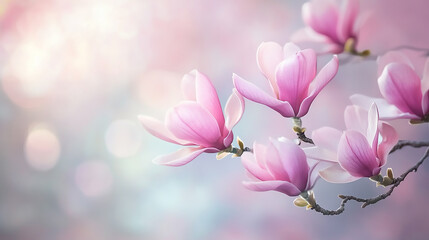 Fototapeta premium pink magnolia flowers Two pink flowers on a branch against a white background