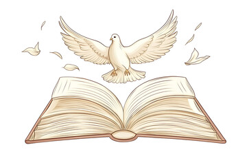 Obraz premium the biblical story of a white dove hovering over an open book, symbolizing peace, knowledge and freedom in a minimalistic design. 
